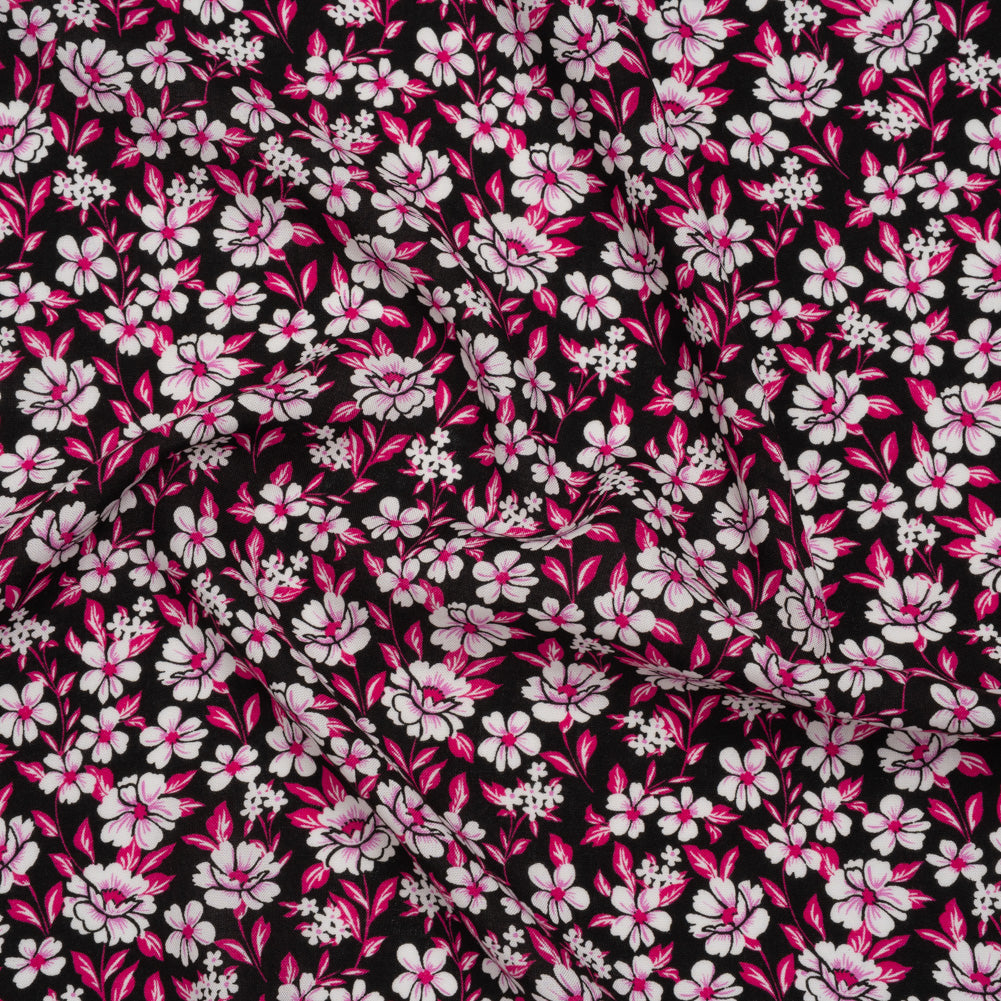 Rayon Challis Print - Fuchsia Pink and Black Floral - Deadstock
