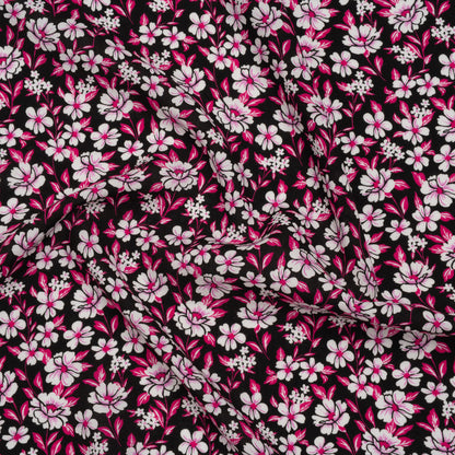 Rayon Challis Print - Fuchsia Pink and Black Floral - Deadstock