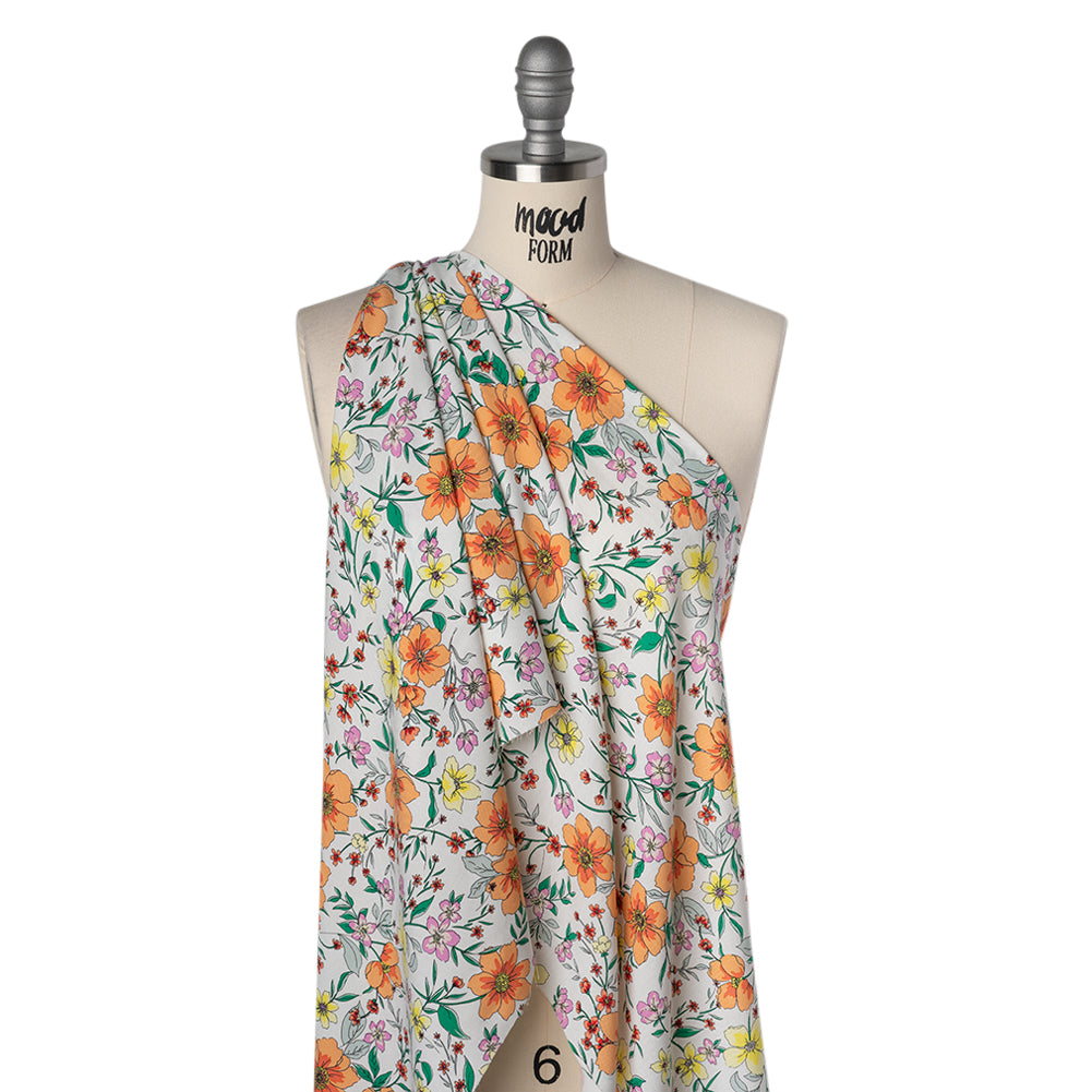 Rayon Challis Print - Creamsicle Orange, Yellow and Orchid Pink Floral - Deadstock - Drape