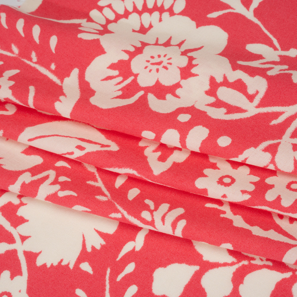 Rayon Challis Print - Coral Pink and Off White Floral - Deadstock - Folded
