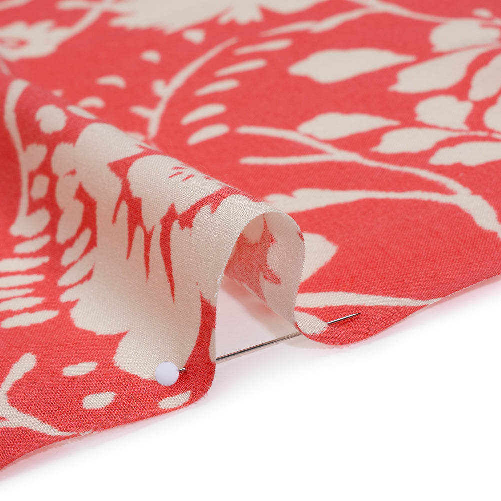 Rayon Challis Print - Coral Pink and Off White Floral - Deadstock - Detail
