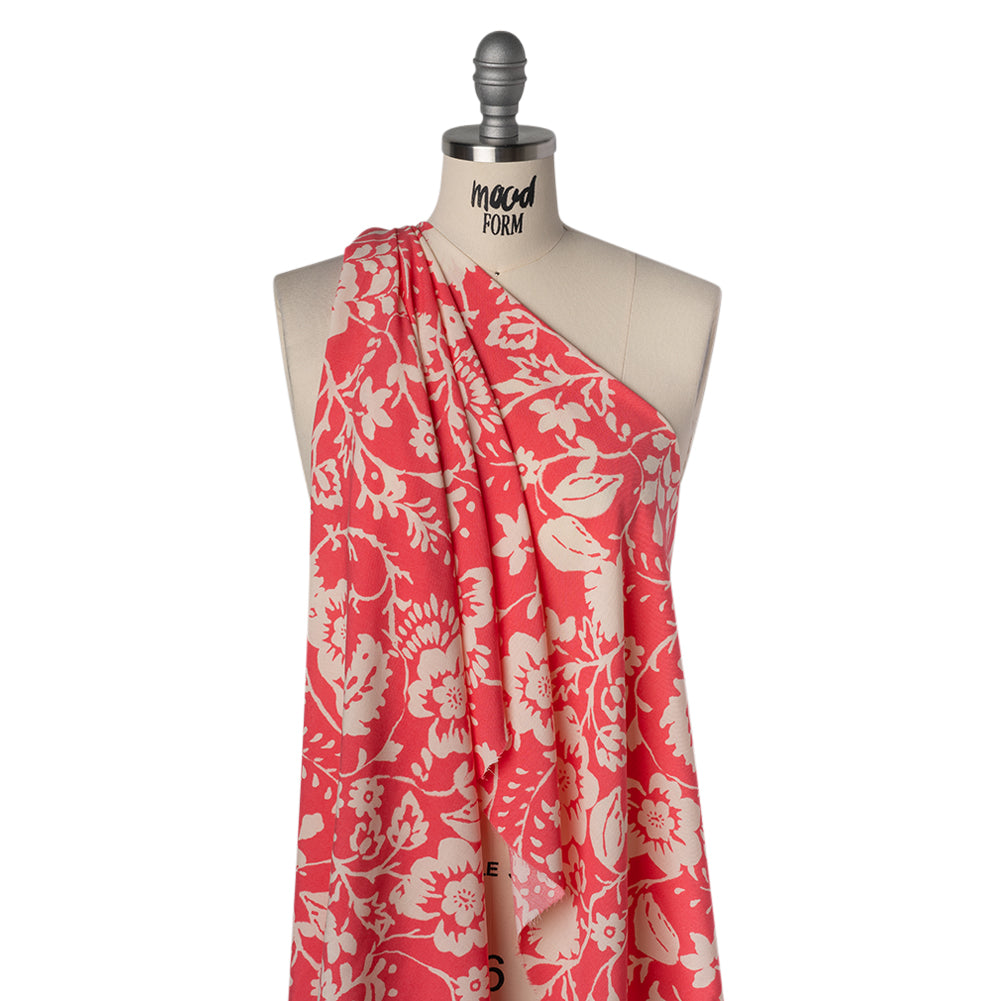 Rayon Challis Print - Coral Pink and Off White Floral - Deadstock - Drape