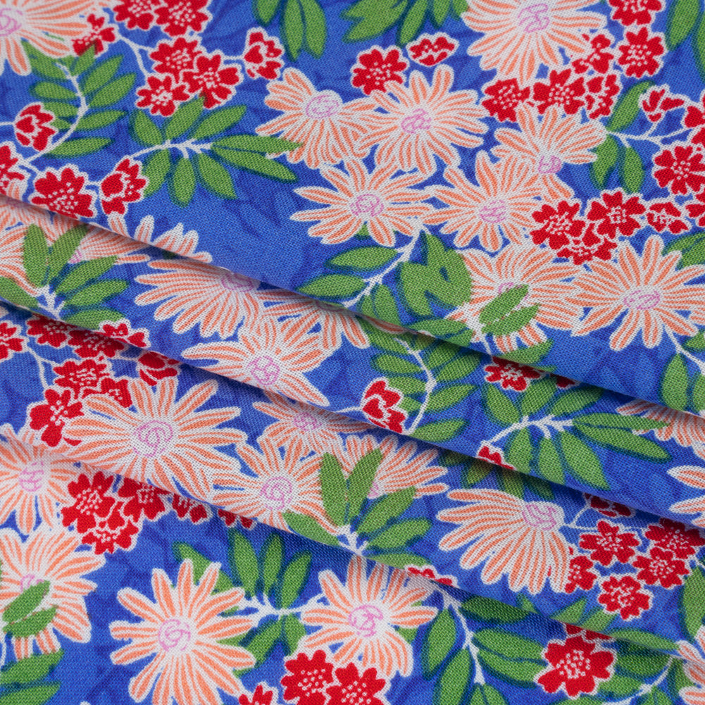 Rayon Challis Print - Azure Blue, Chili Red and Green Tropical Floral - Deadstock - Folded