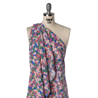 Rayon Challis Print - Azure Blue, Chili Red and Green Tropical Floral - Deadstock