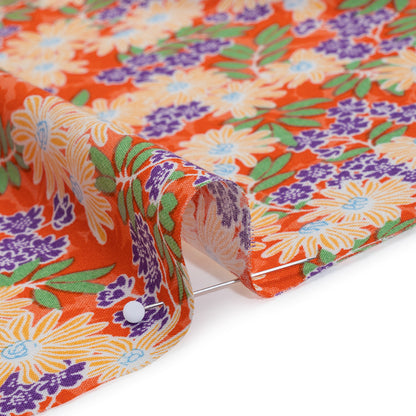 Rayon Challis Print - Saffron Orange, Purple and Green Tropical Floral - Deadstock