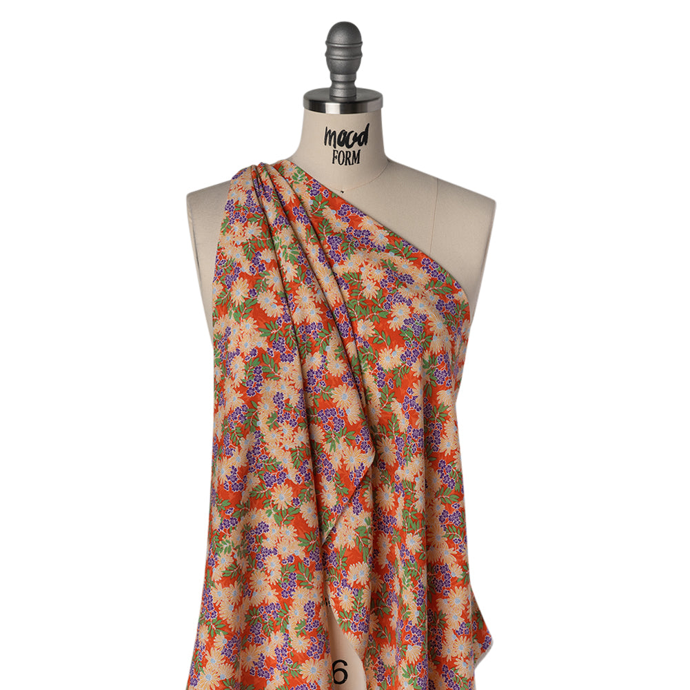 Rayon Challis Print - Saffron Orange, Purple and Green Tropical Floral - Deadstock - Drape