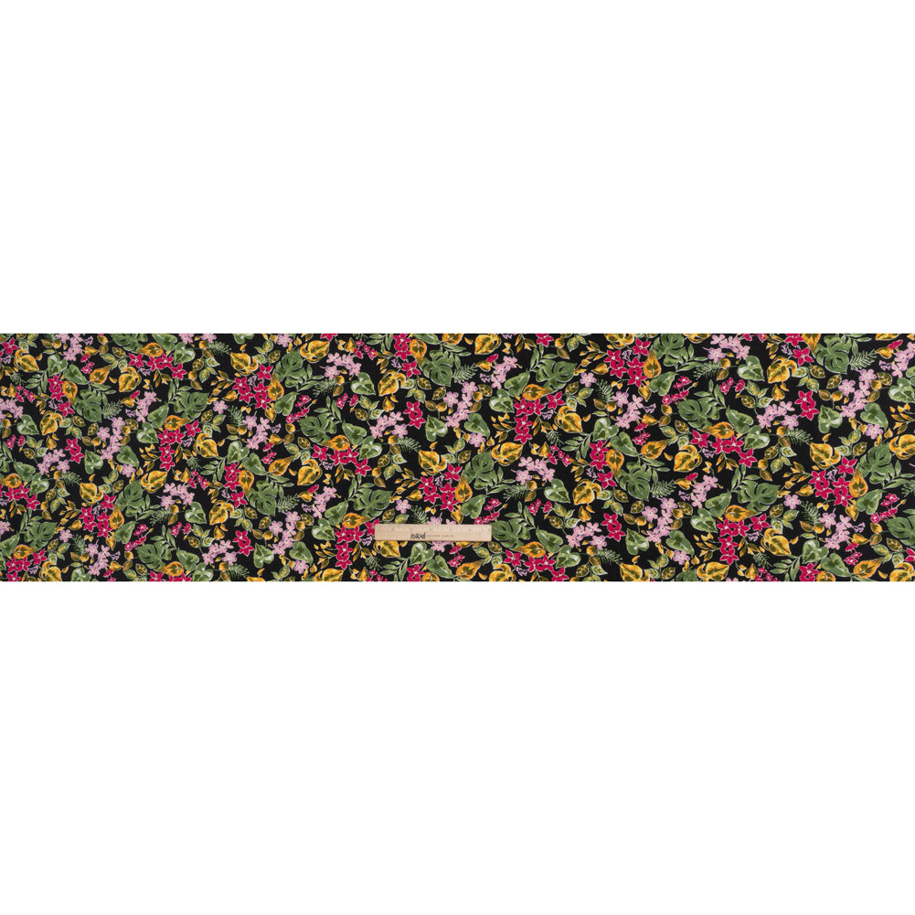 Rayon Challis Print - Black, Ruby Pink and Moss Green Watercolor Floral - Deadstock - Full