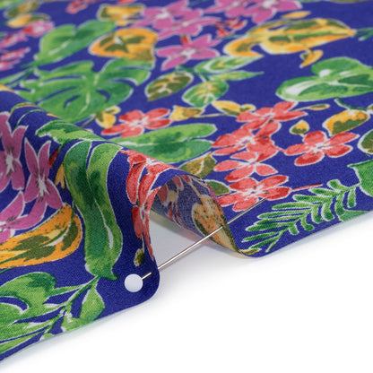 Rayon Challis Print - Royal Blue, Fuschia Purple and Green Watercolor Floral - Deadstock