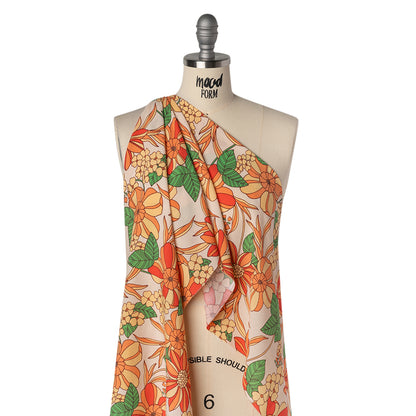Rayon Challis Print - Peachy Orange, Mellow Yellow and Green Graphic Floral - Deadstock