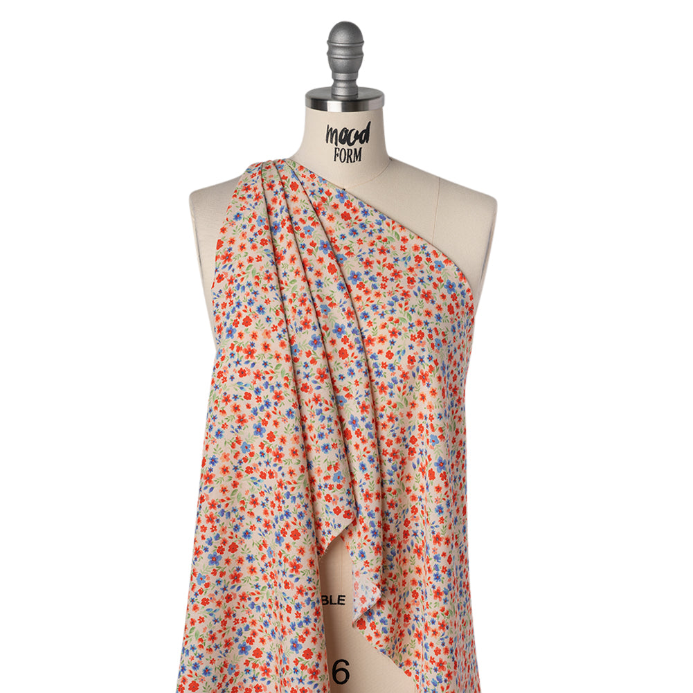 Rayon Challis Print - Vivid Red and Country Blue Floral - Deadstock - Drape