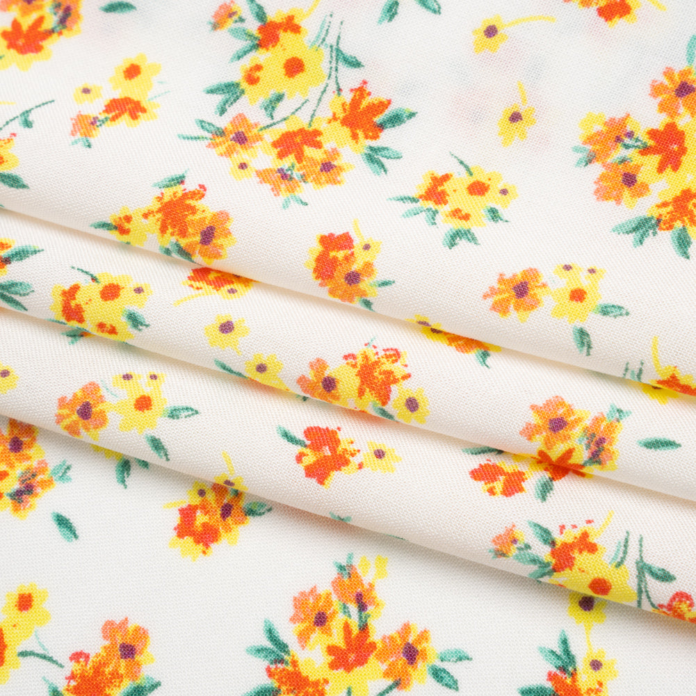 Rayon Challis Print - Vibrant Yellow, Coral Red and Honey Orange Painterly Floral - Deadstock - Folded