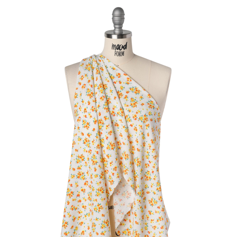 Rayon Challis Print - Vibrant Yellow, Coral Red and Honey Orange Painterly Floral - Deadstock - Drape