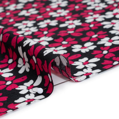 Rayon Challis Print - Black, Fuchsia Pink and White Painterly Floral - Deadstock