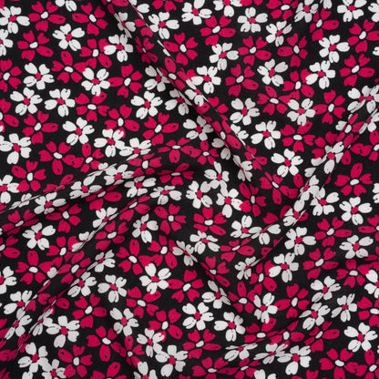 Rayon Challis Print - Black, Fuchsia Pink and White Painterly Floral - Deadstock