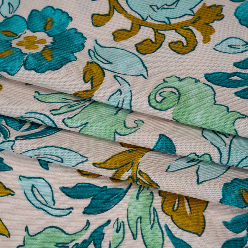 Rayon Challis Print - Dark Mint Green, Teal and Antique Gold Floral - Deadstock - Folded