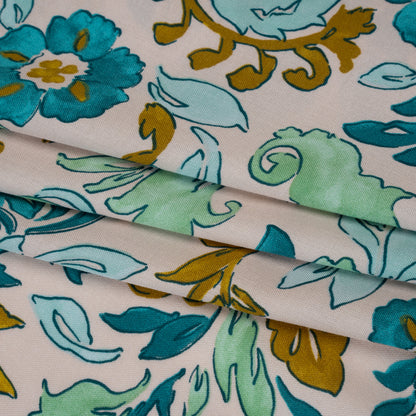 Rayon Challis Print - Dark Mint Green, Teal and Antique Gold Floral - Deadstock