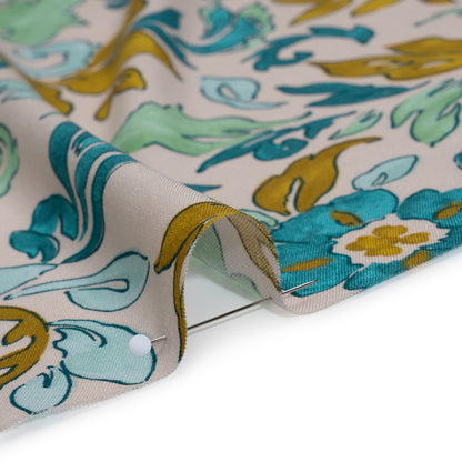 Rayon Challis Print - Dark Mint Green, Teal and Antique Gold Floral - Deadstock