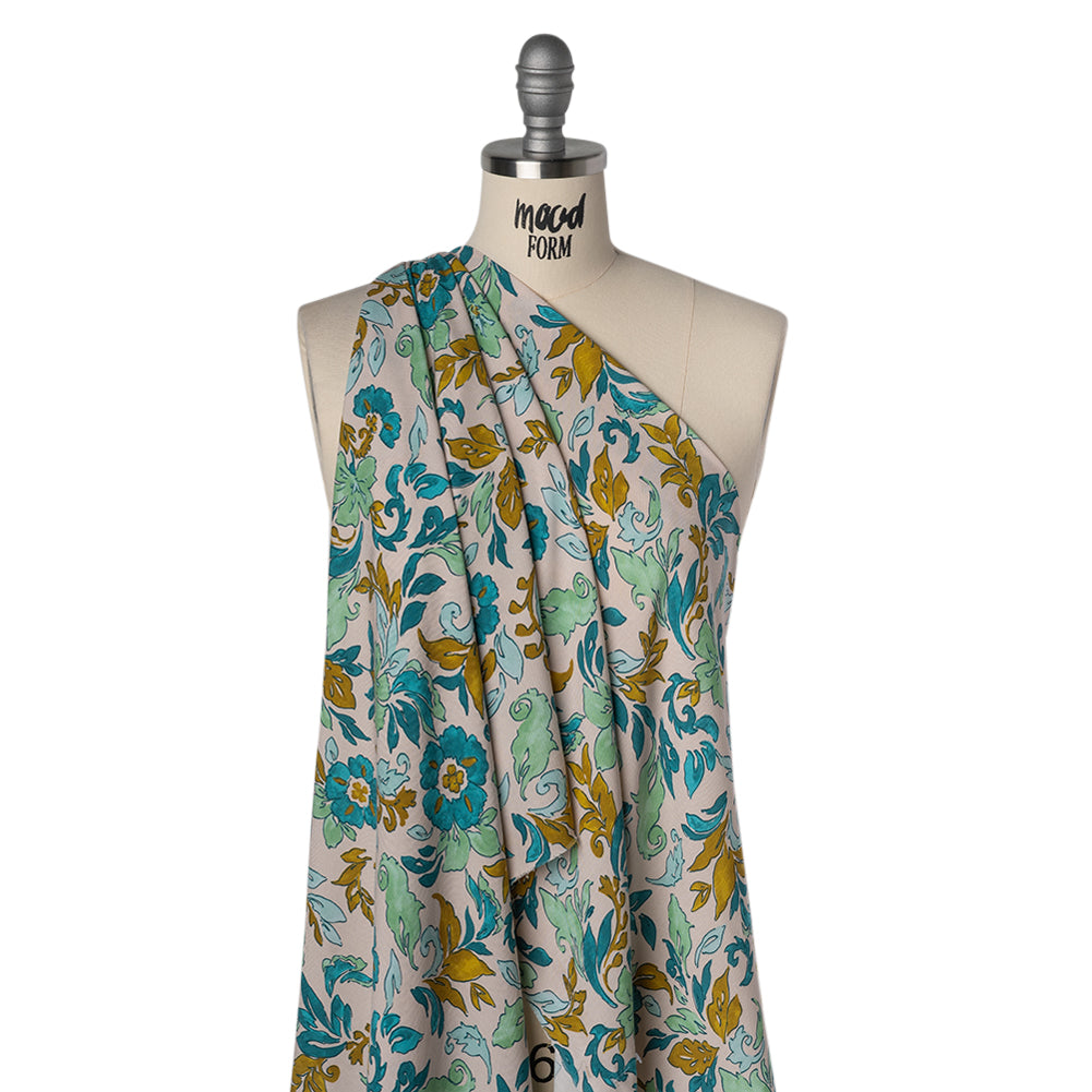 Rayon Challis Print - Dark Mint Green, Teal and Antique Gold Floral - Deadstock - Drape