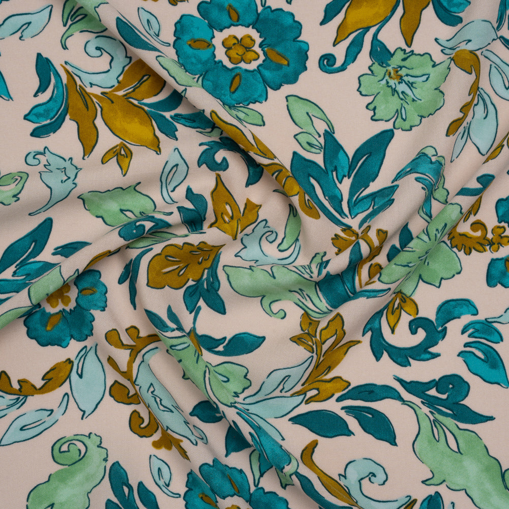 Rayon Challis Print - Dark Mint Green, Teal and Antique Gold Floral - Deadstock