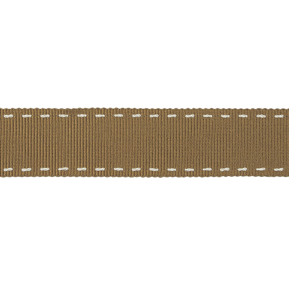 Chai Tea and White Stitched Grosgrain Ribbon - 0.8" - Detail