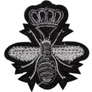 A black and white image of a bee with a crown on it