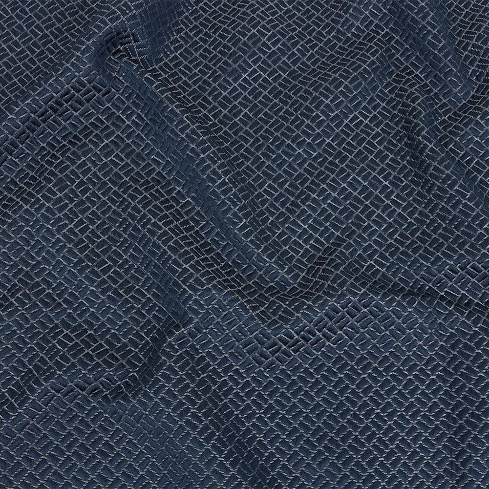 Polyester Jacquard - Indigo Geometric Boxes - British Imported