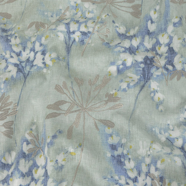 Printed and Embroidered Drapery Canvas - Seafoam Floral - British Imported