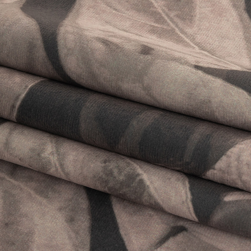 Polyester Knit Microvelvet Print - Truffle Floating Leaves - British Imported Folded