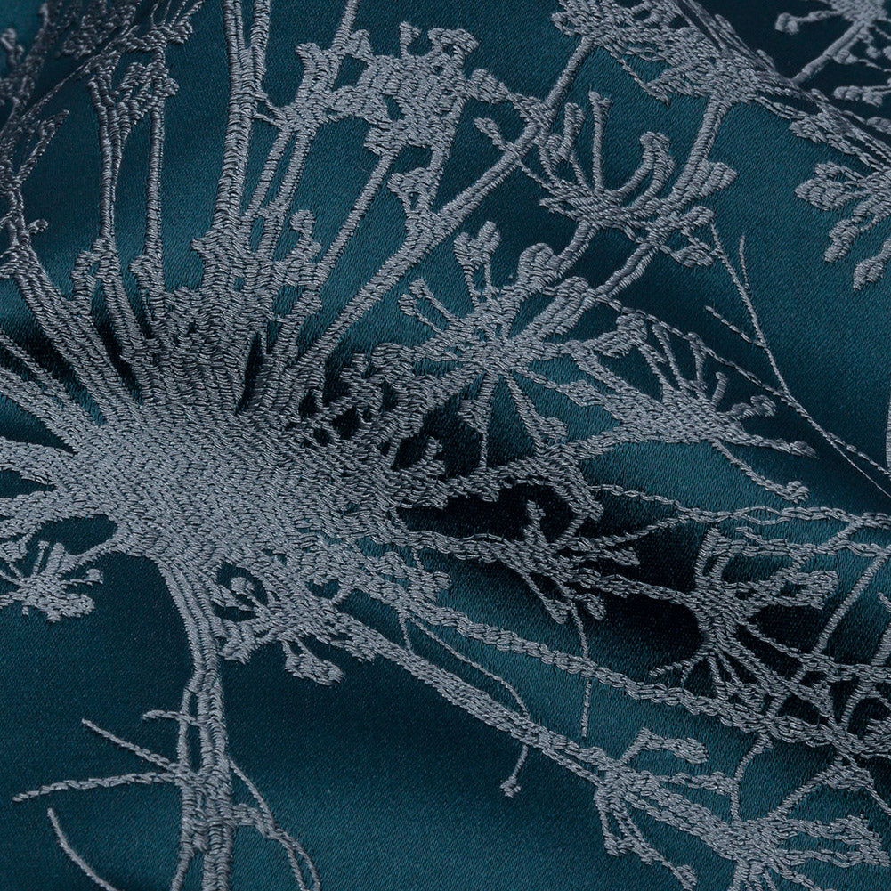 Satin-Faced Drapery Jacquard - Navy Fennel Flowers - British Imported Detail
