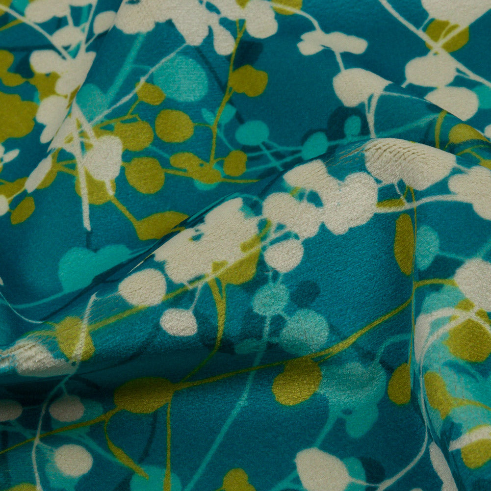 Printed Polyester Velvet - Peacock Berry Vines - British Imported Detail