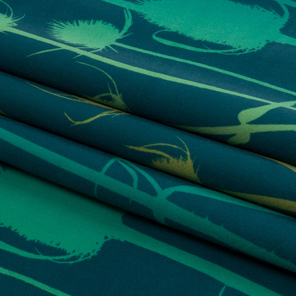 Printed Polyester Velvet - Peacock Thistle Stems - British Imported Folded