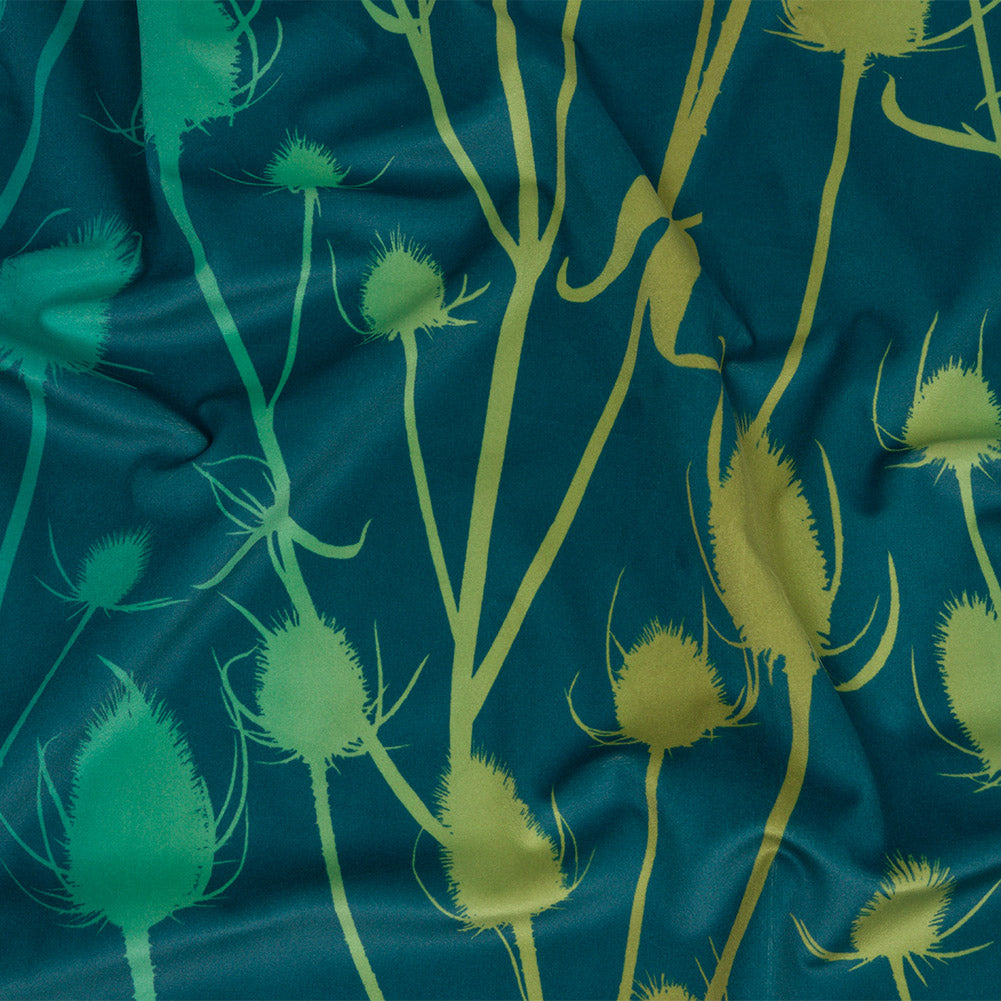 Printed Polyester Velvet - Peacock Thistle Stems - British Imported