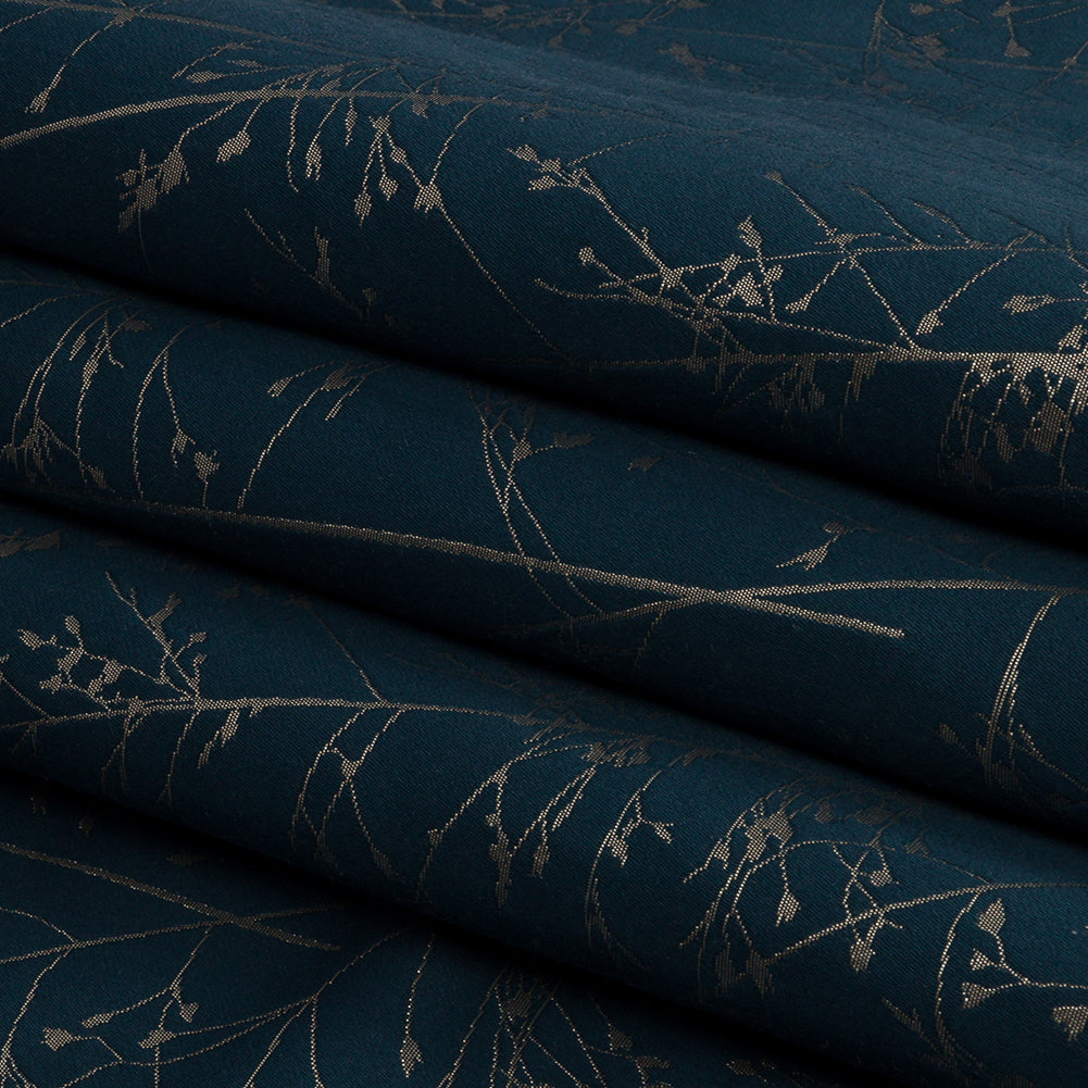 Metallic Satin-Faced Drapery Jacquard - French Navy Delicate Grasses - British Imported Folded