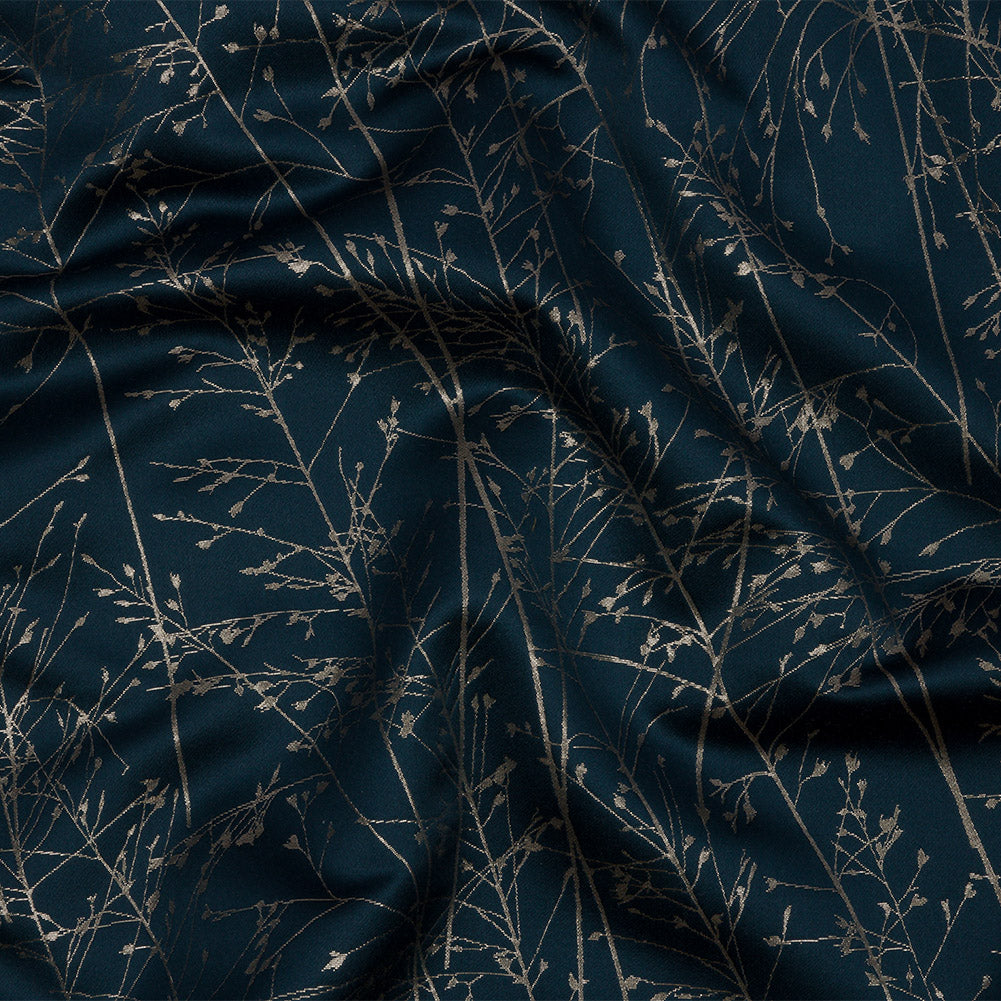 Metallic Satin-Faced Drapery Jacquard - French Navy Delicate Grasses - British Imported