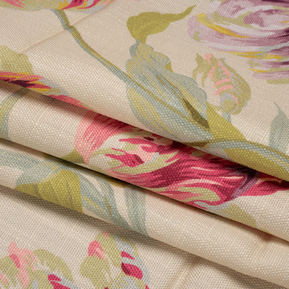Viscose and Linen Drapery Woven Print - Cranberry Painting Flowers - British Imported Folded