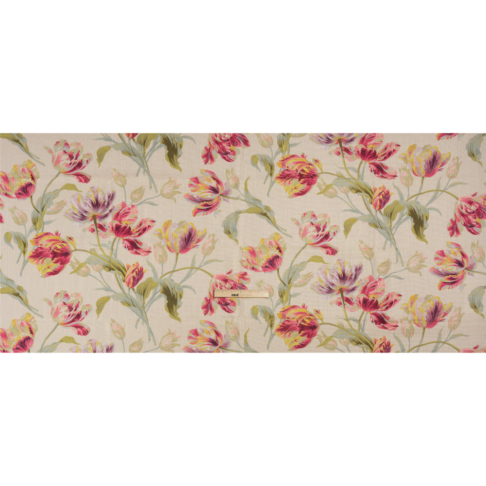 Viscose and Linen Drapery Woven Print - Cranberry Painting Flowers - British Imported Full