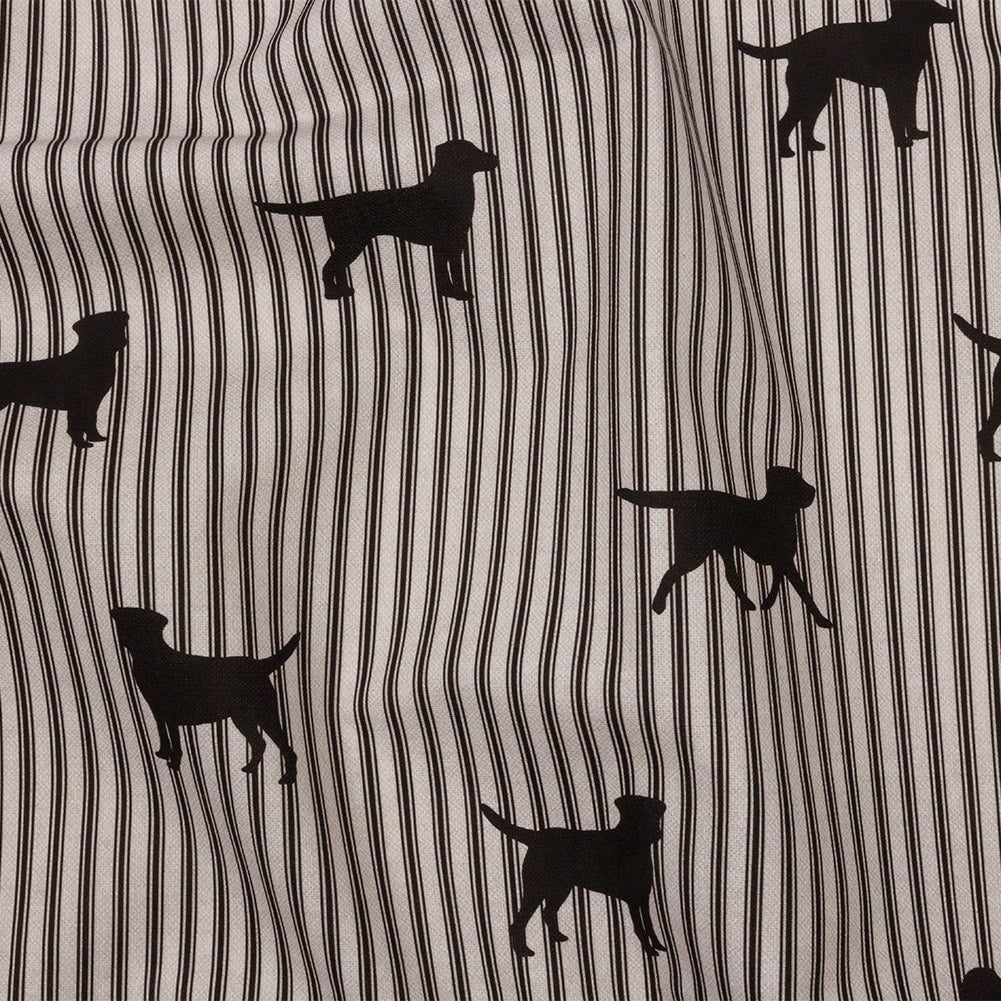 Cotton Canvas Print - Coal Dog Silhouettes and Ticking Stripes - British Imported