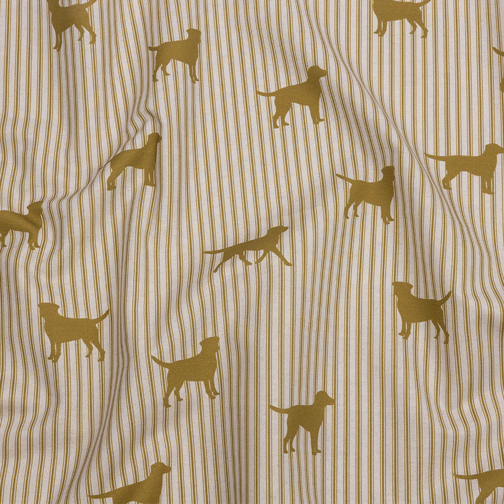 Cotton Canvas Print - Gold Dog Silhouettes and Ticking Stripes - British Imported