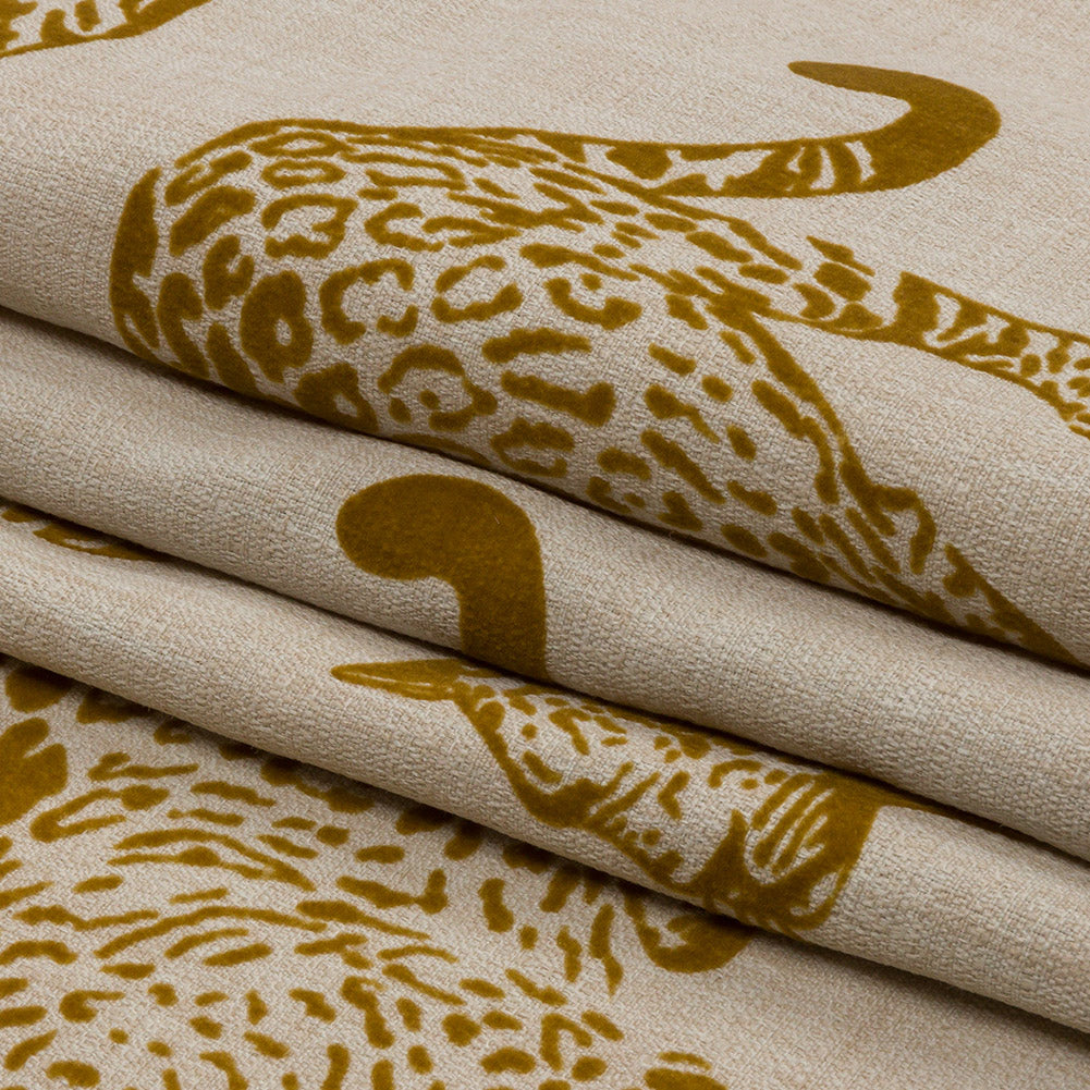 Flocked Polyester Drapery Woven - Sand Jaguars - British Imported Folded
