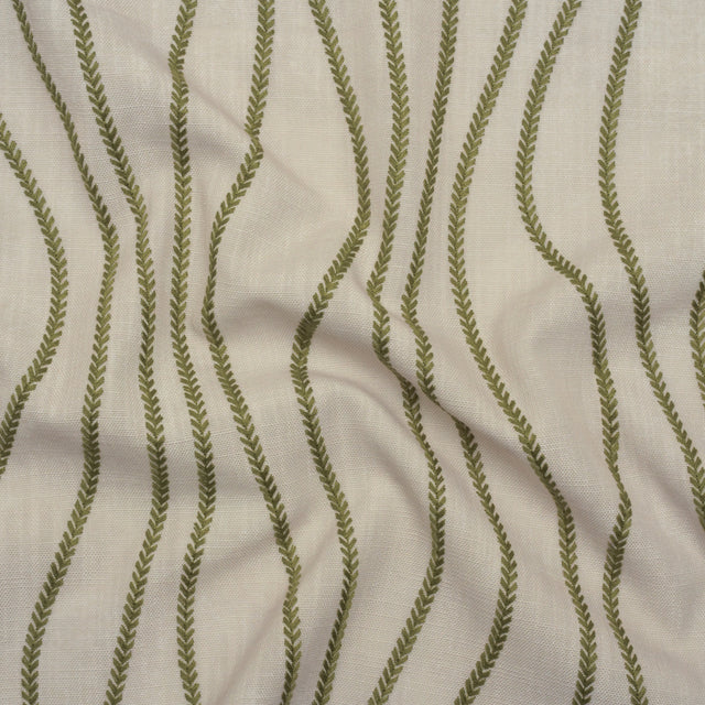 Embroidered Linen-Look Polyester Drapery Woven - Moss Leafy Wavy Lines and Watercolor Texture - British Imported