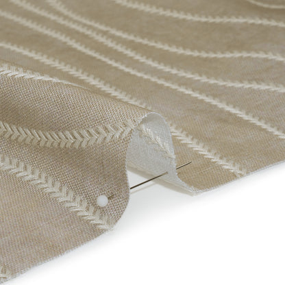Embroidered Linen-Look Polyester Drapery Woven - Otter Leafy Wavy Lines and Watercolor Texture - British Imported