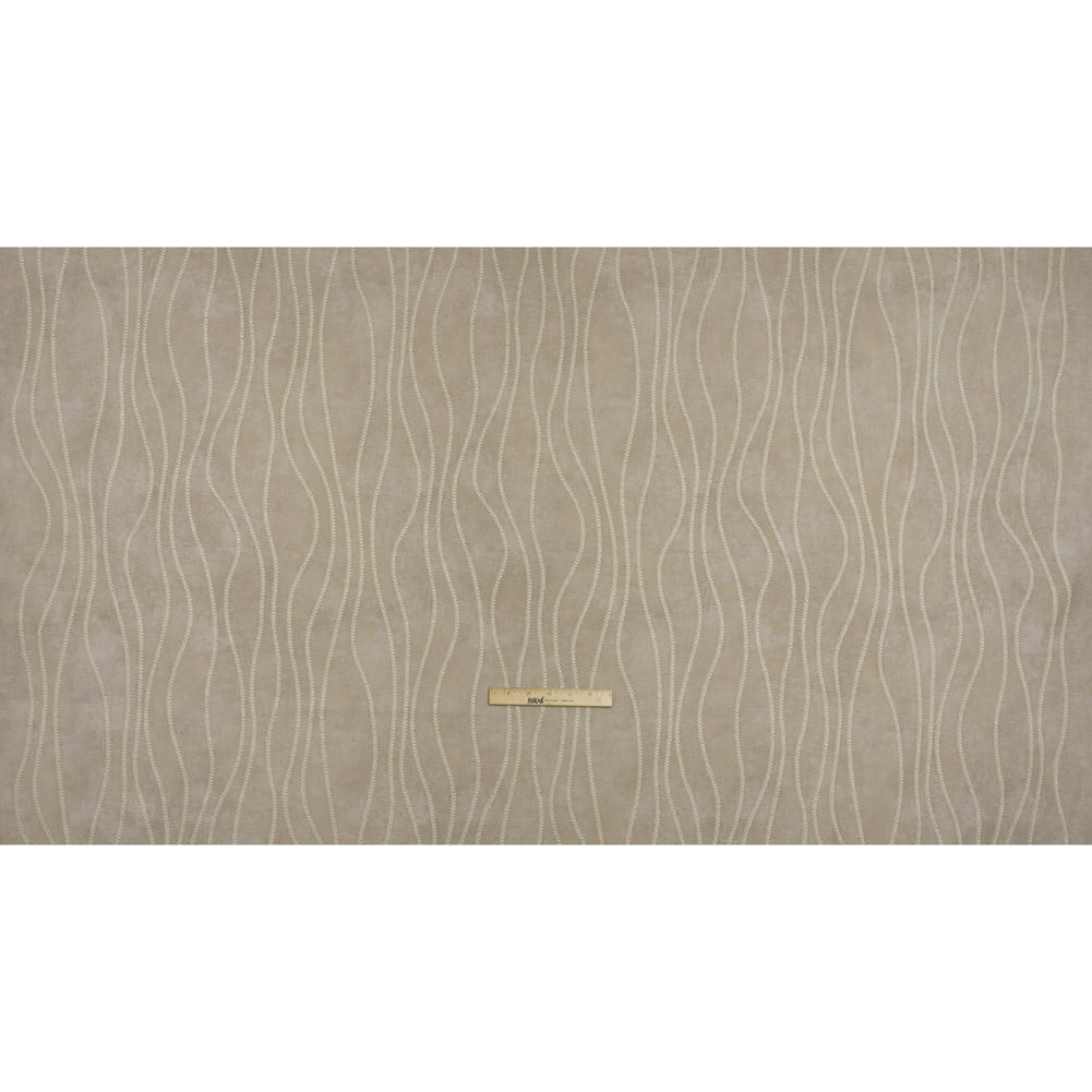 Embroidered Linen-Look Polyester Drapery Woven - Otter Leafy Wavy Lines and Watercolor Texture - British Imported - Full