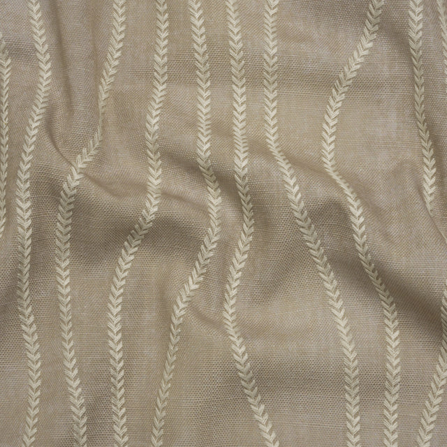 Embroidered Linen-Look Polyester Drapery Woven - Otter Leafy Wavy Lines and Watercolor Texture - British Imported