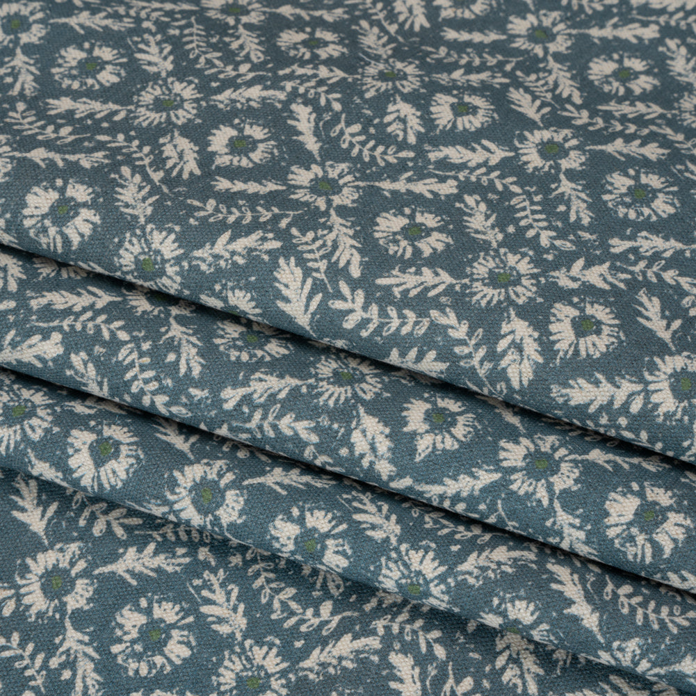 Brushed Cotton and Linen Canvas - Indigo Flowers and Leaves - Flowers and Leaves British Imported Folded