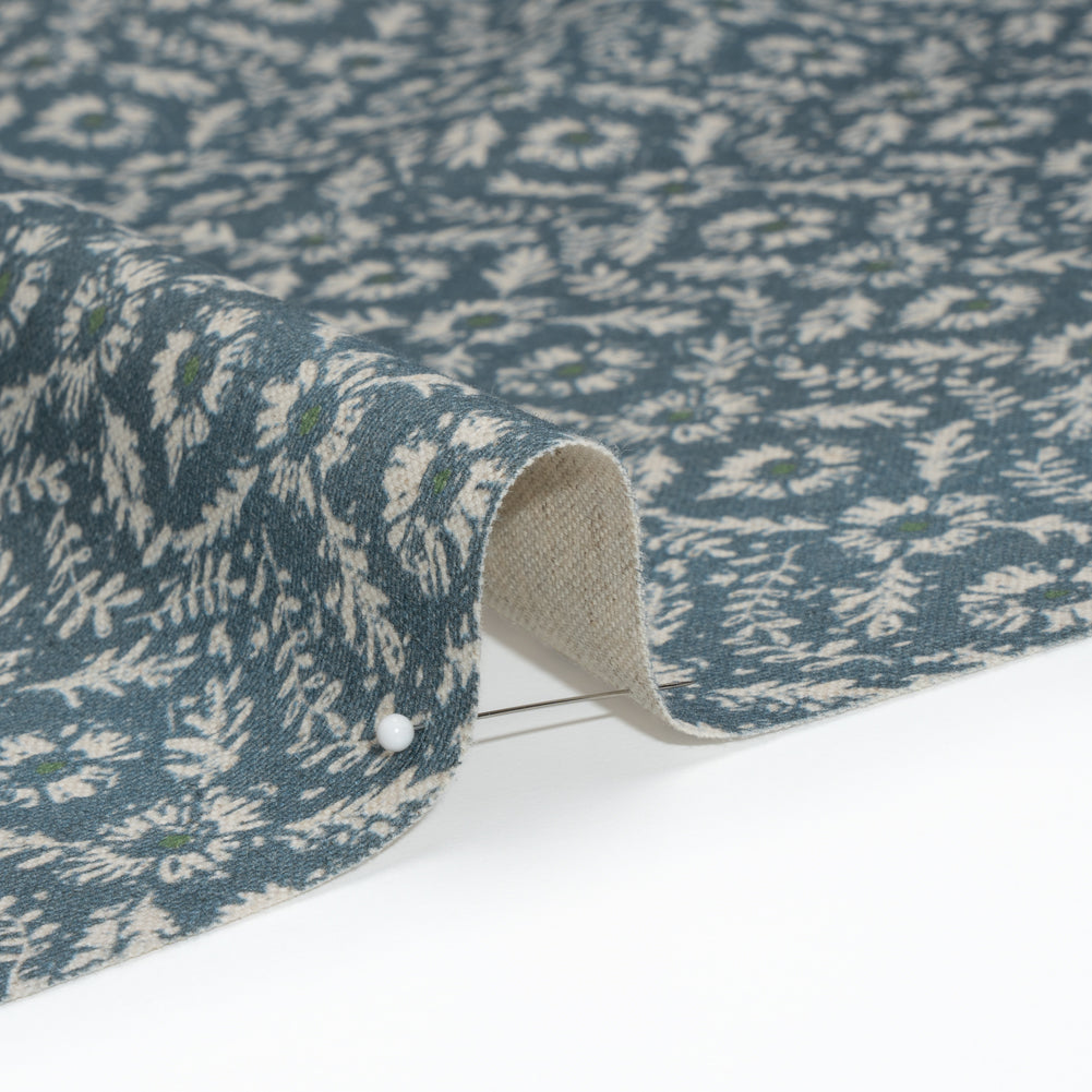 Brushed Cotton and Linen Canvas - Indigo Flowers and Leaves - Flowers and Leaves British Imported Detail