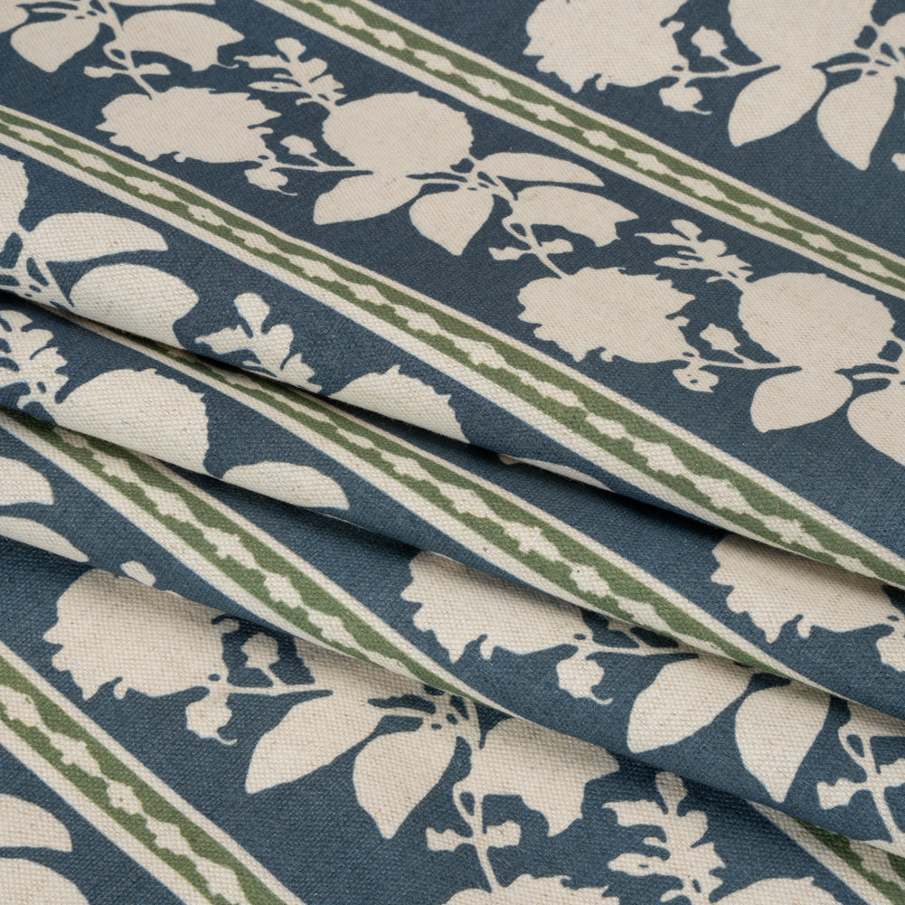 Brushed Cotton and Linen Canvas - Indigo Floral Silhouette Stripes - British Imported Folded