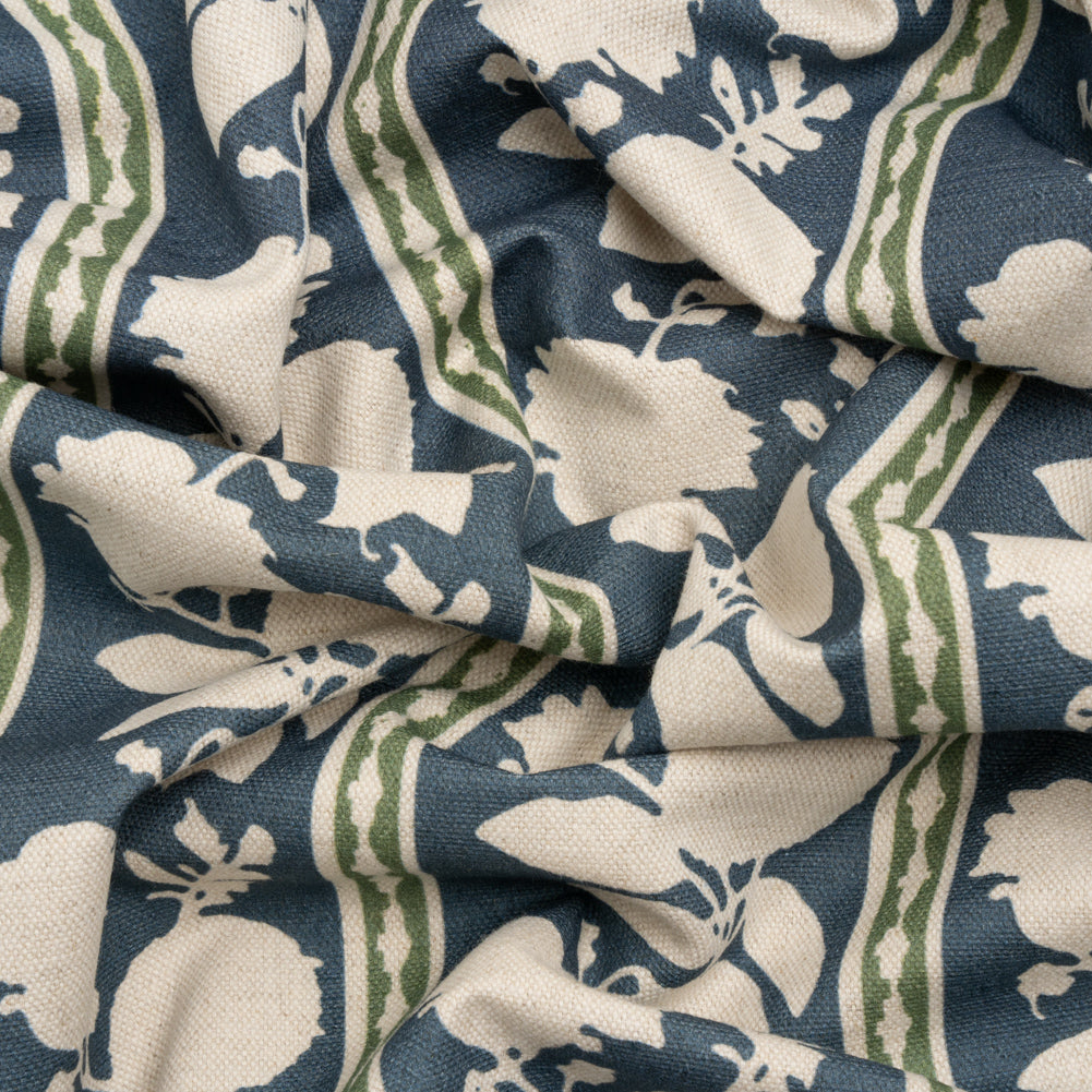 Brushed Cotton and Linen Canvas - Indigo Floral Silhouette Stripes - British Imported