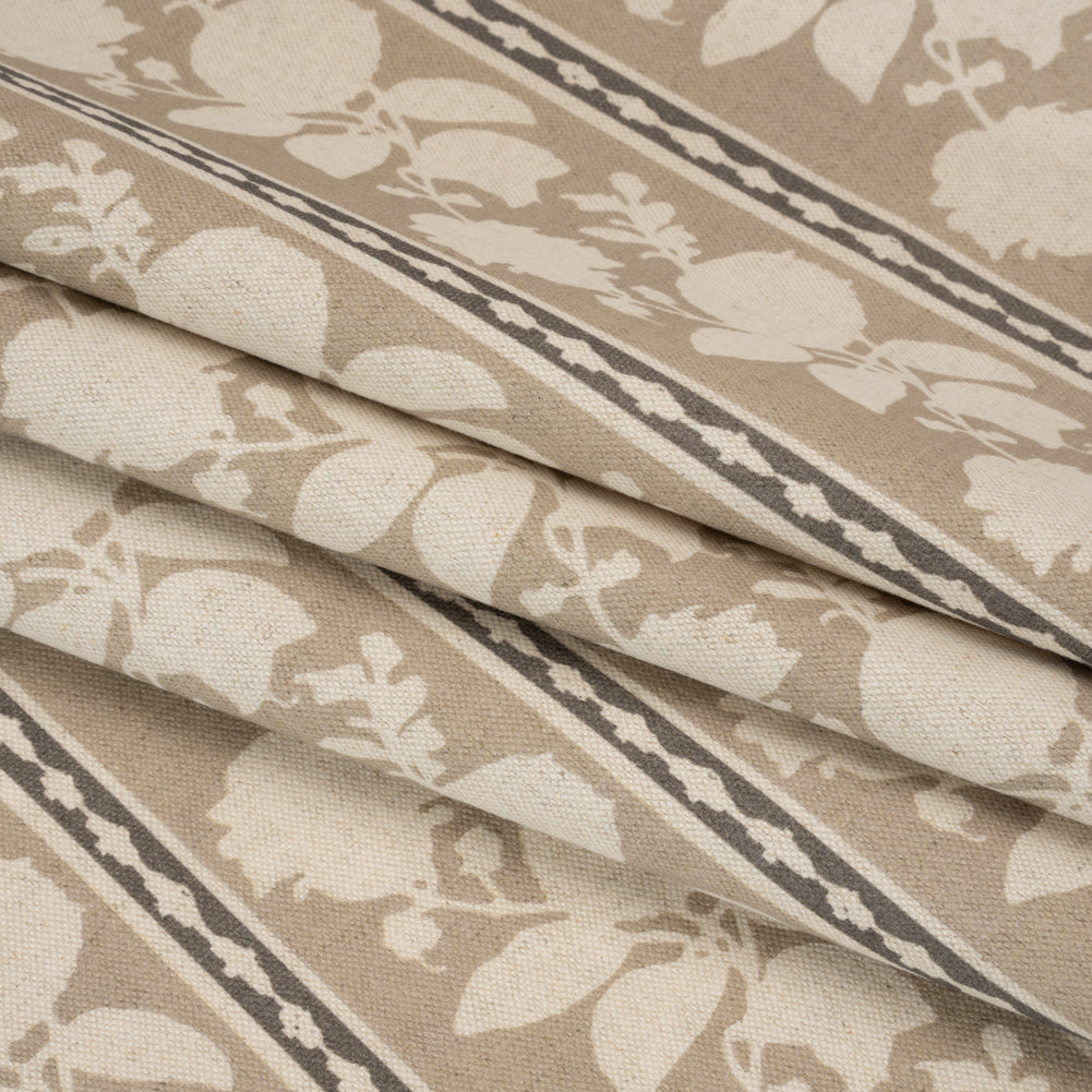 Brushed Cotton and Linen Canvas - Jute Floral Silhouette Stripes - British Imported Folded