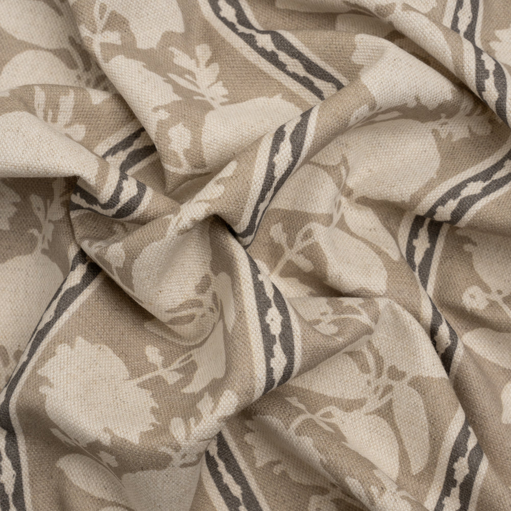 Brushed Cotton and Linen Canvas - Jute Floral Silhouette Stripes - British Imported