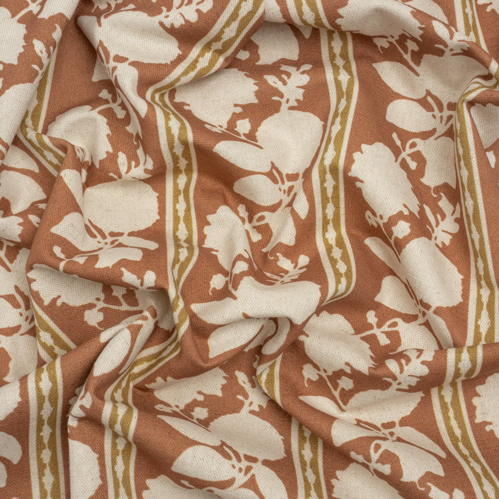 Brushed Cotton and Linen Canvas - Sienna Floral Silhouette Stripes - British Imported